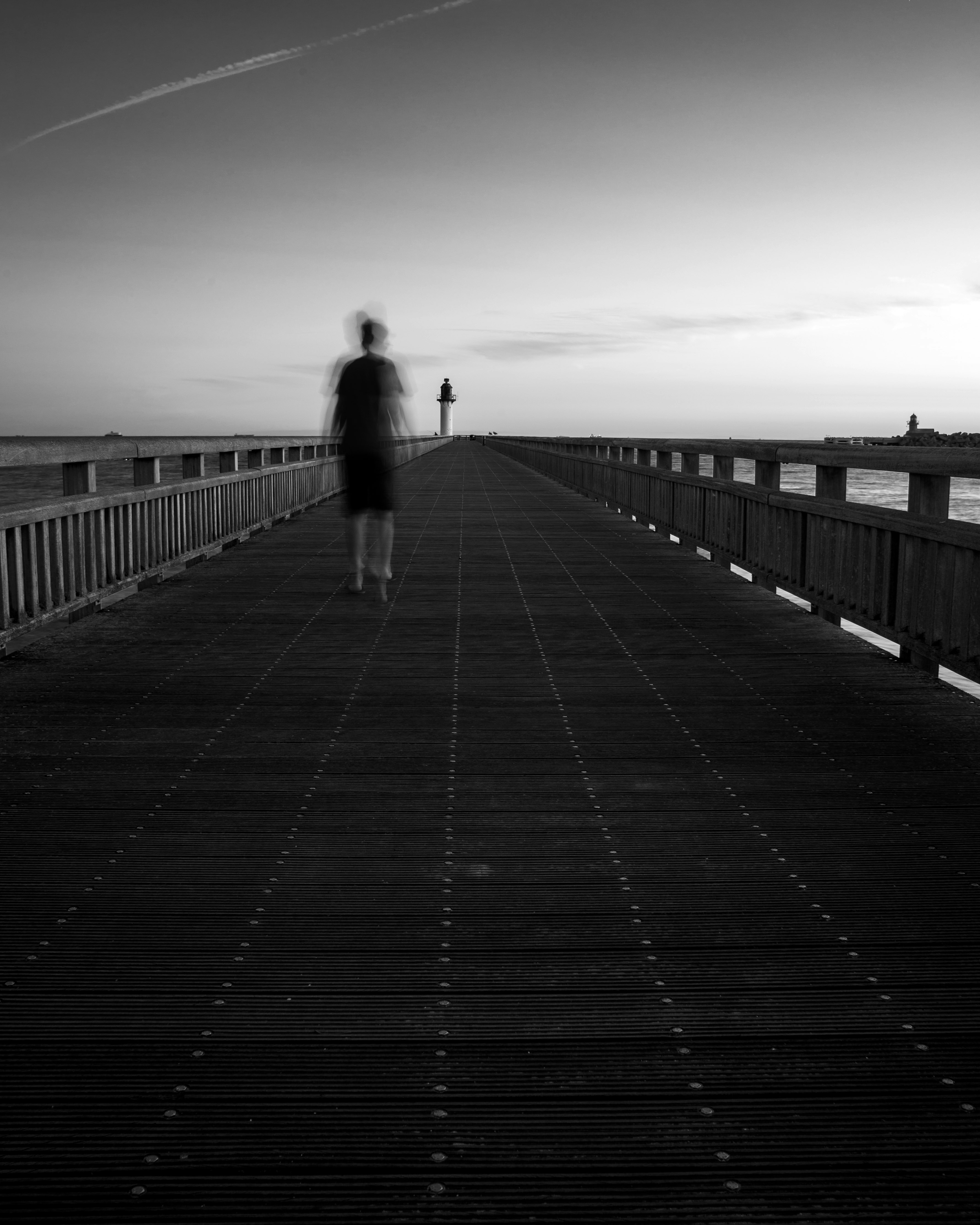 grayscale photo of person walking on wooden bridge